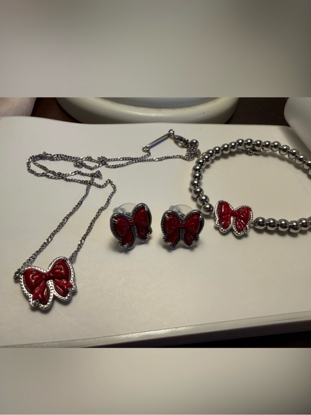Red Enamel Bow Necklace with Matching Earrings & Bracelet